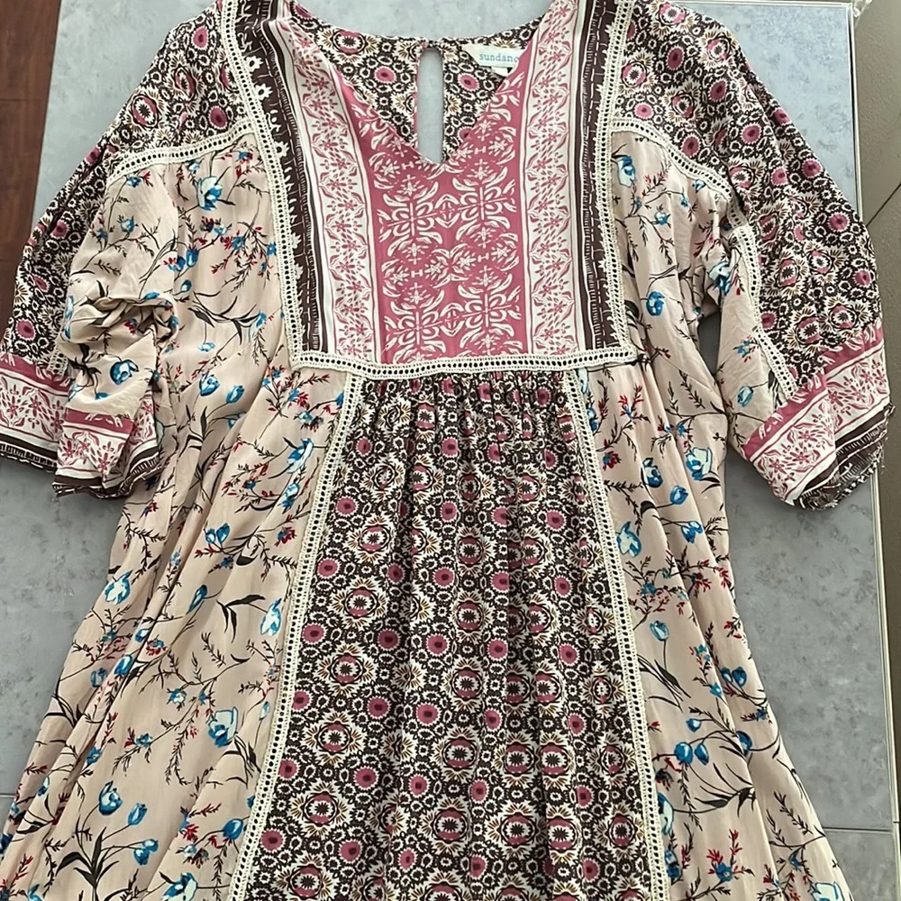 Sundance Everyday Dream Dress pink brown cream boho floral crochet loose size S - Picture 8 of 16